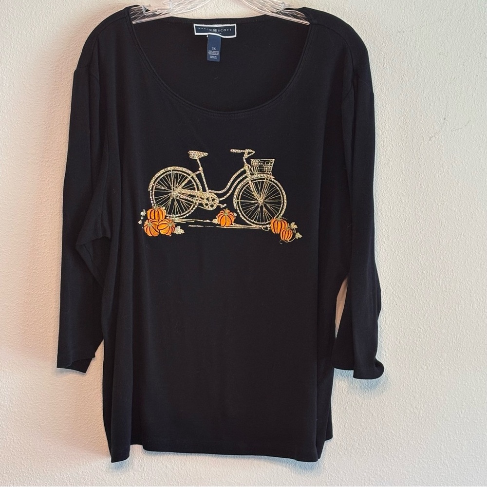 Karen Scott Women's Black Top with Bicycle and Orange Accents  3/4 Sleeve SZ 2X